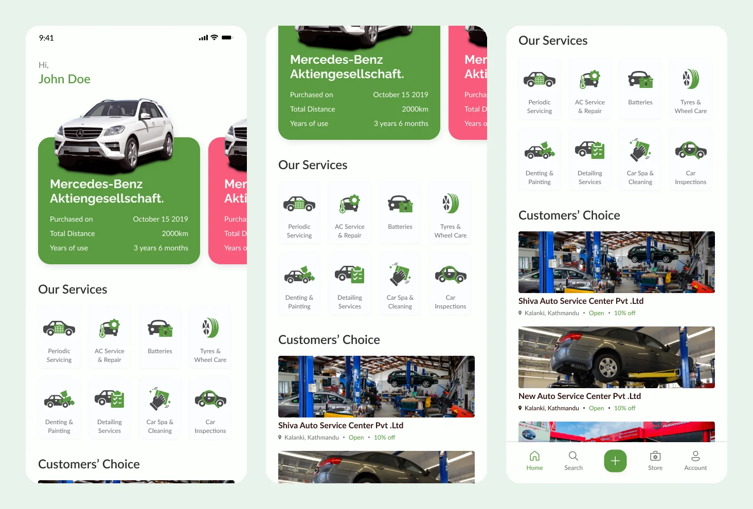A car servicing app — the owner's vehicle, the service categories and nearby garages