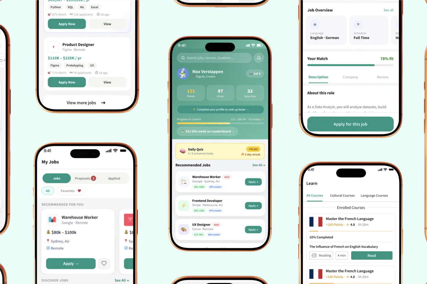 Jobbicus app — the job feed, a role detail with match score, and the courses tab