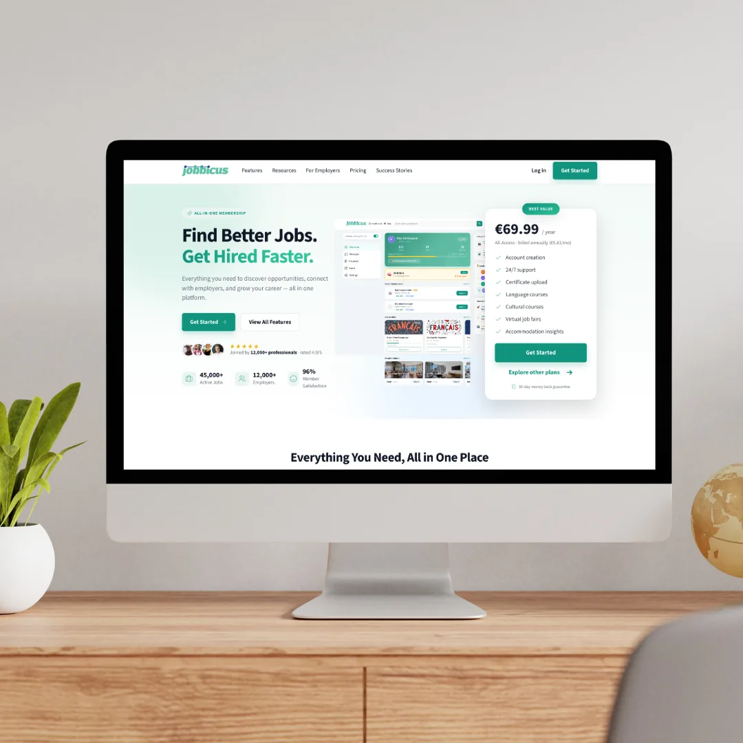 The Jobbicus marketing site on a desktop, showing the membership plan