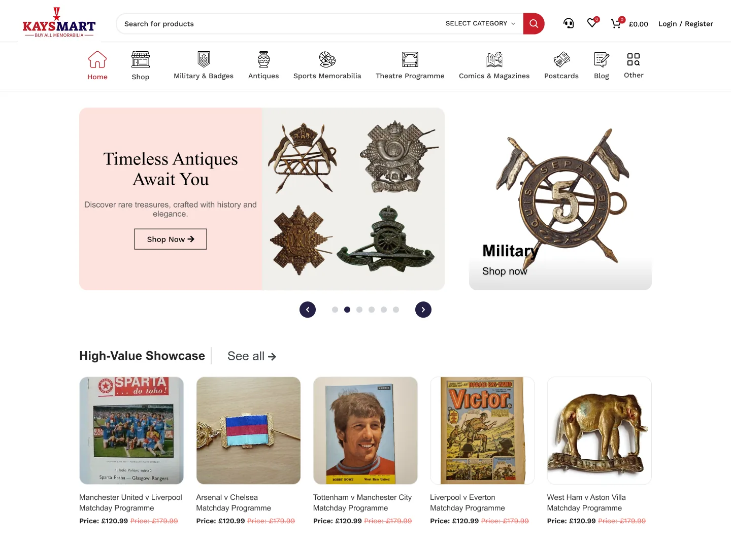 Kaysmart — the collectibles storefront, from the showcase down to the category rows