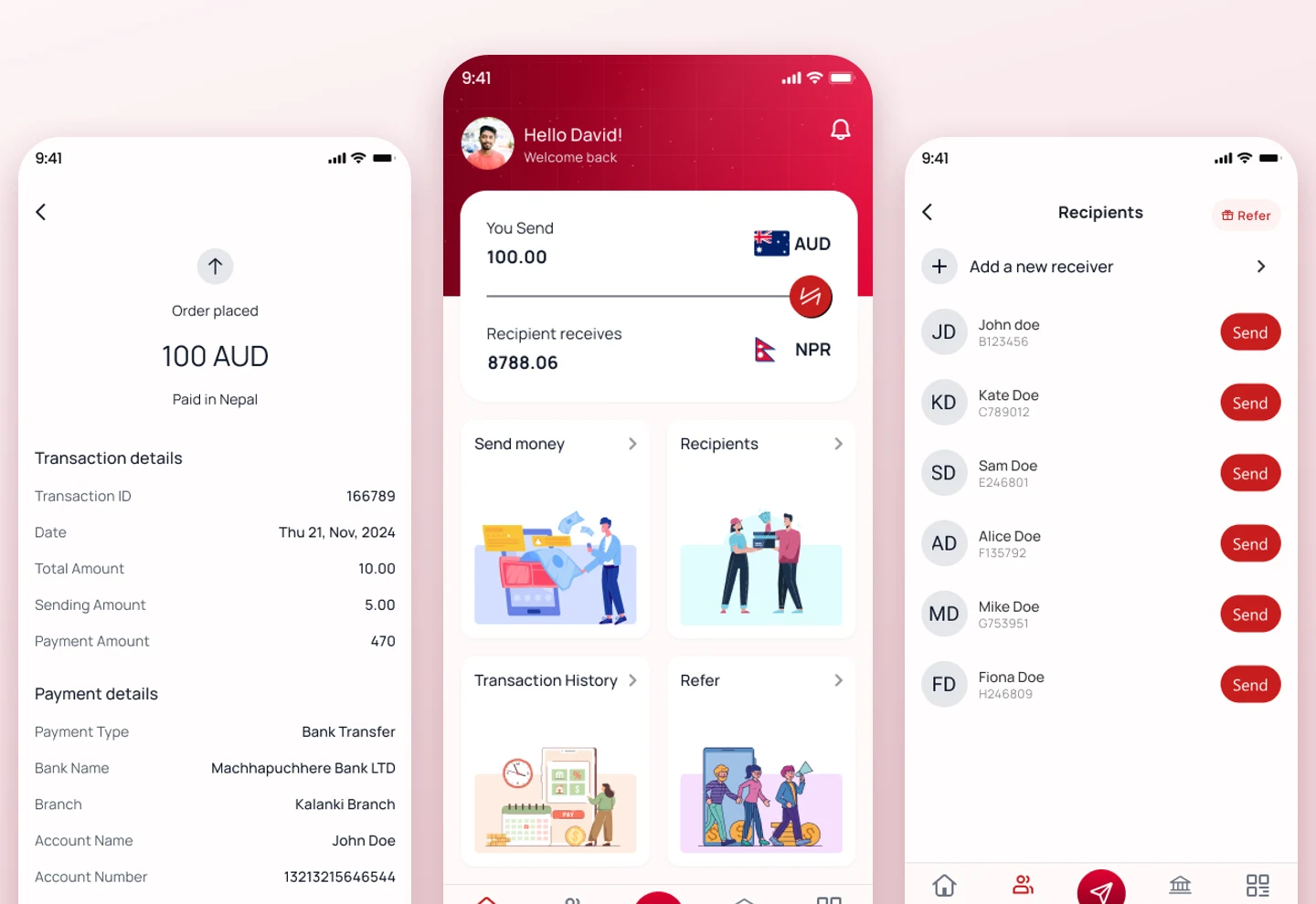 Prabhu — the AUD to NPR home screen, a completed transfer's receipt and the recipients list