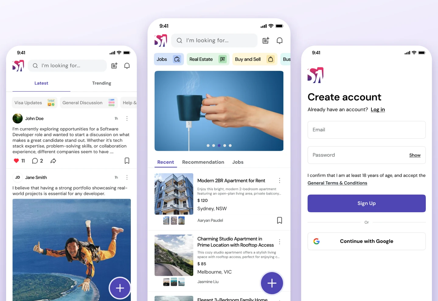 SamNepali — the community feed, the explore tab of listings and the sign-up screen