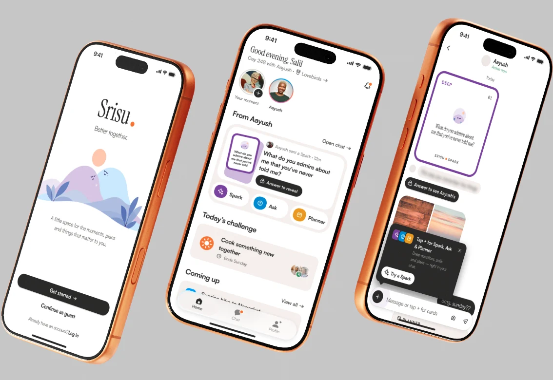 Srisu — the welcome screen, the shared home with the day count and today's challenge, and a Spark question waiting in the chat