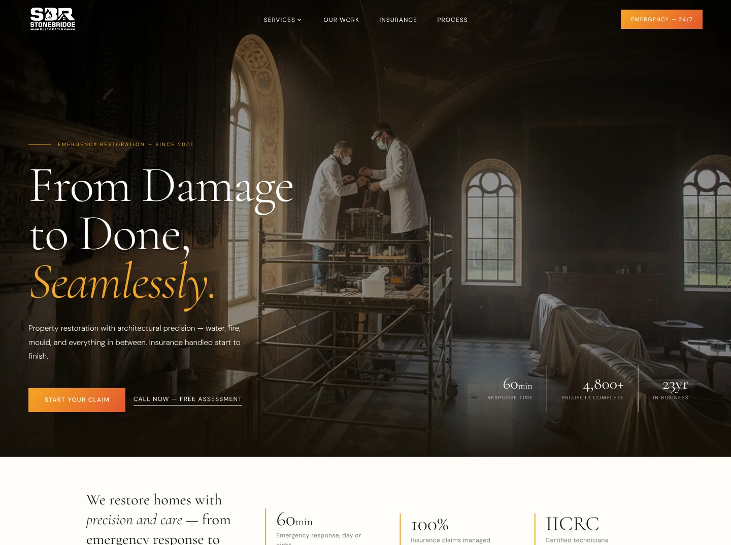 Stonebridge — a property restoration company's home page, from hero to services