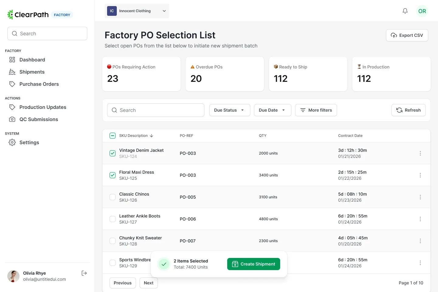 Purchase order selection list with rows ticked and a floating summary bar showing items selected and total units.