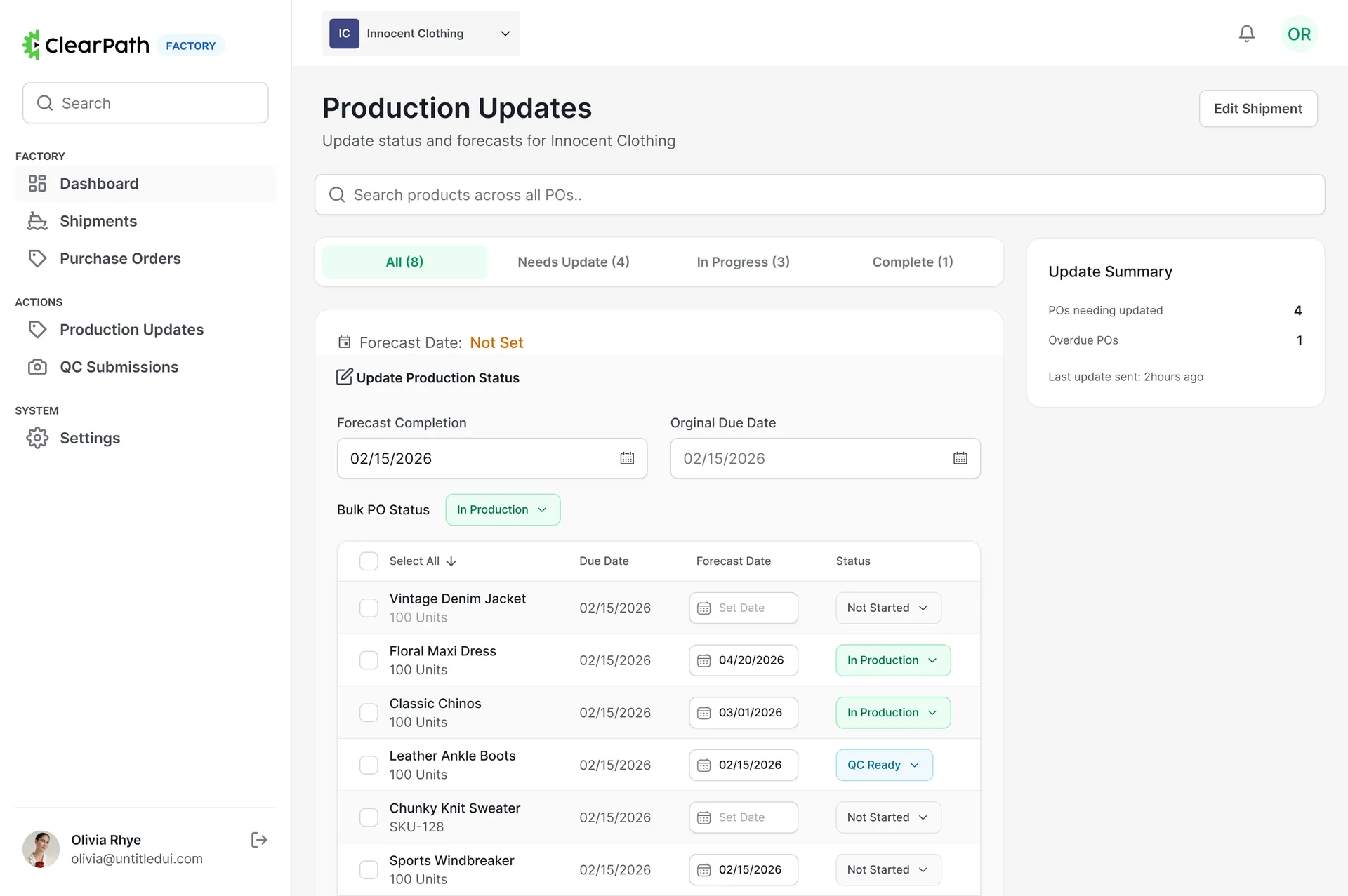 Production updates screen with filter tabs carrying live counts, a bulk edit header and per-row date and status controls.