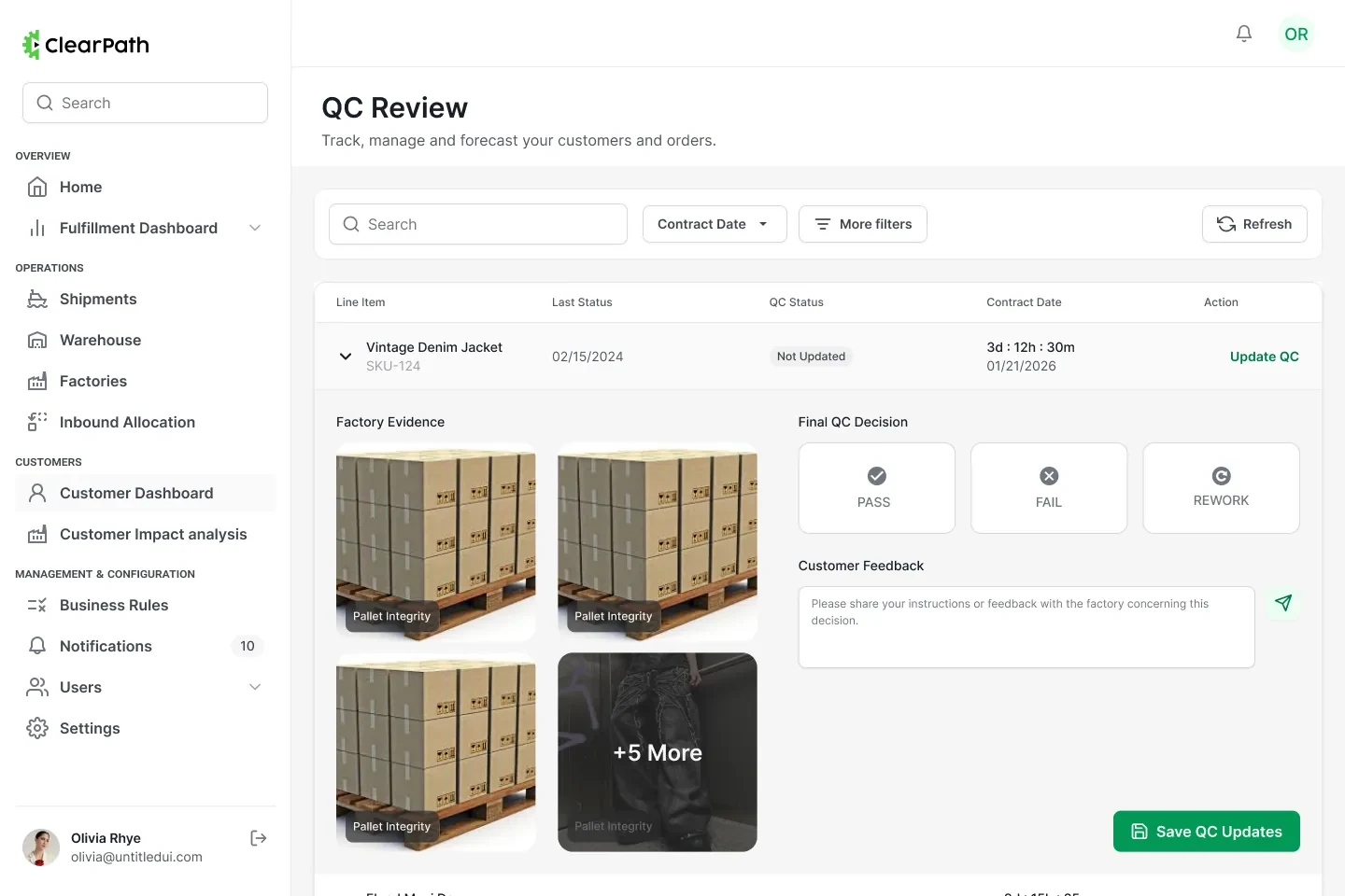 Buyer quality control review with the factory photo grid and pass, fail and rework offered as equal choices.