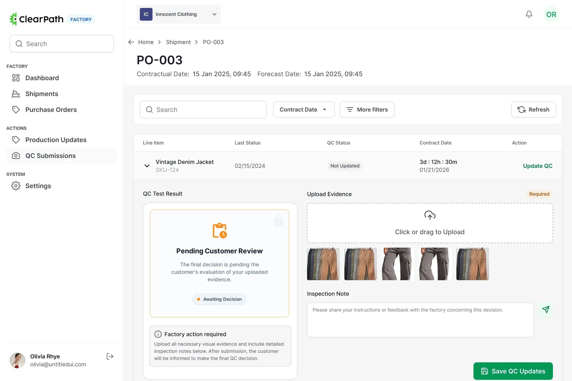 Factory quality control detail with uploaded inspection photos and a status panel reading pending customer review.