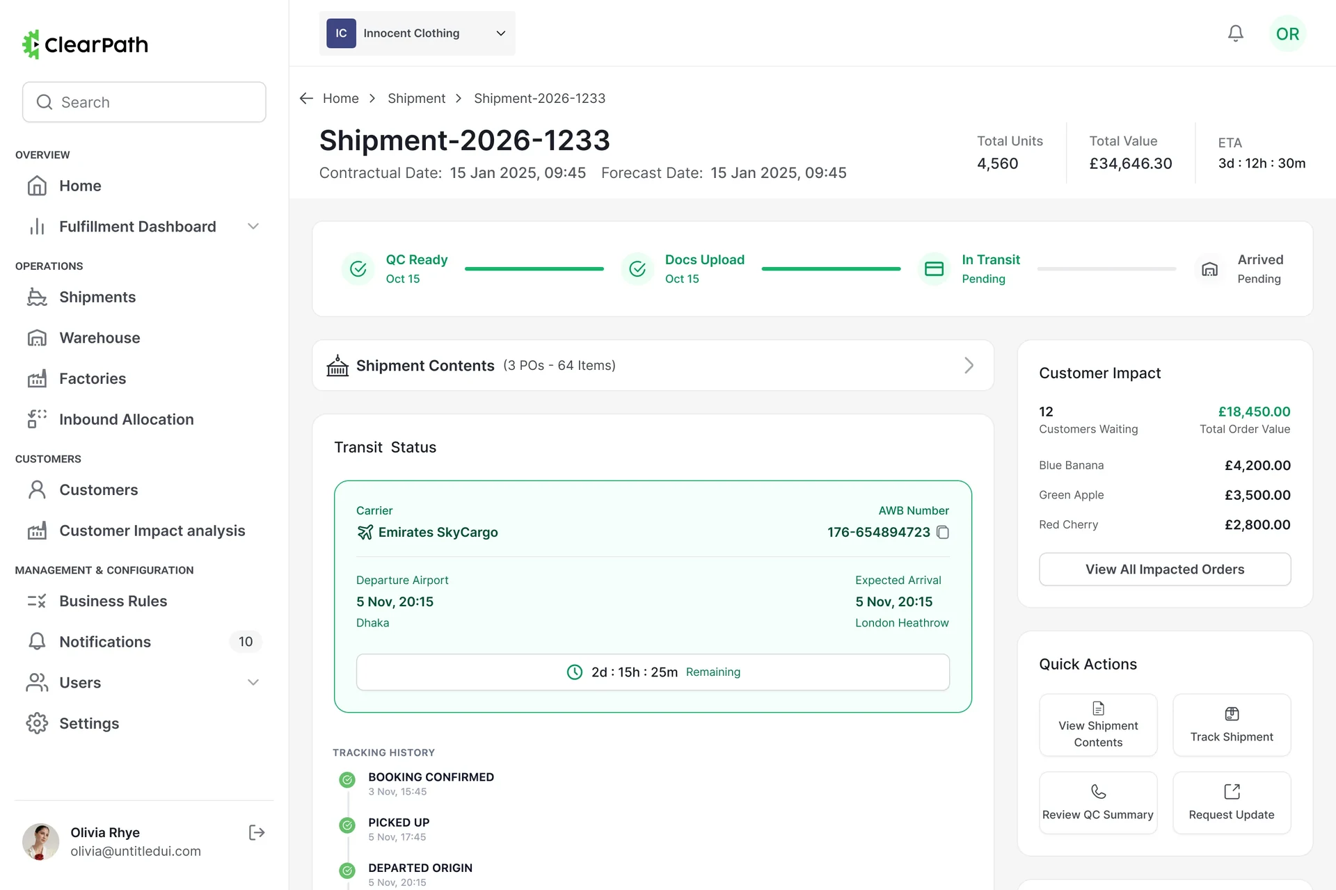Buyer shipment detail with the four-stage tracker, carrier and airport details and a customer impact sidebar.