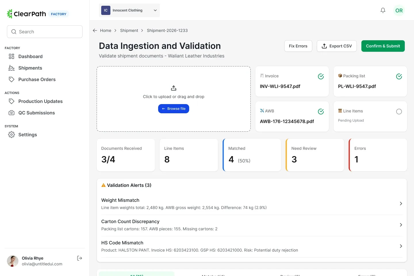 Data ingestion screen with four document upload slots in different states, a severity summary strip and alert rows naming each mismatch.