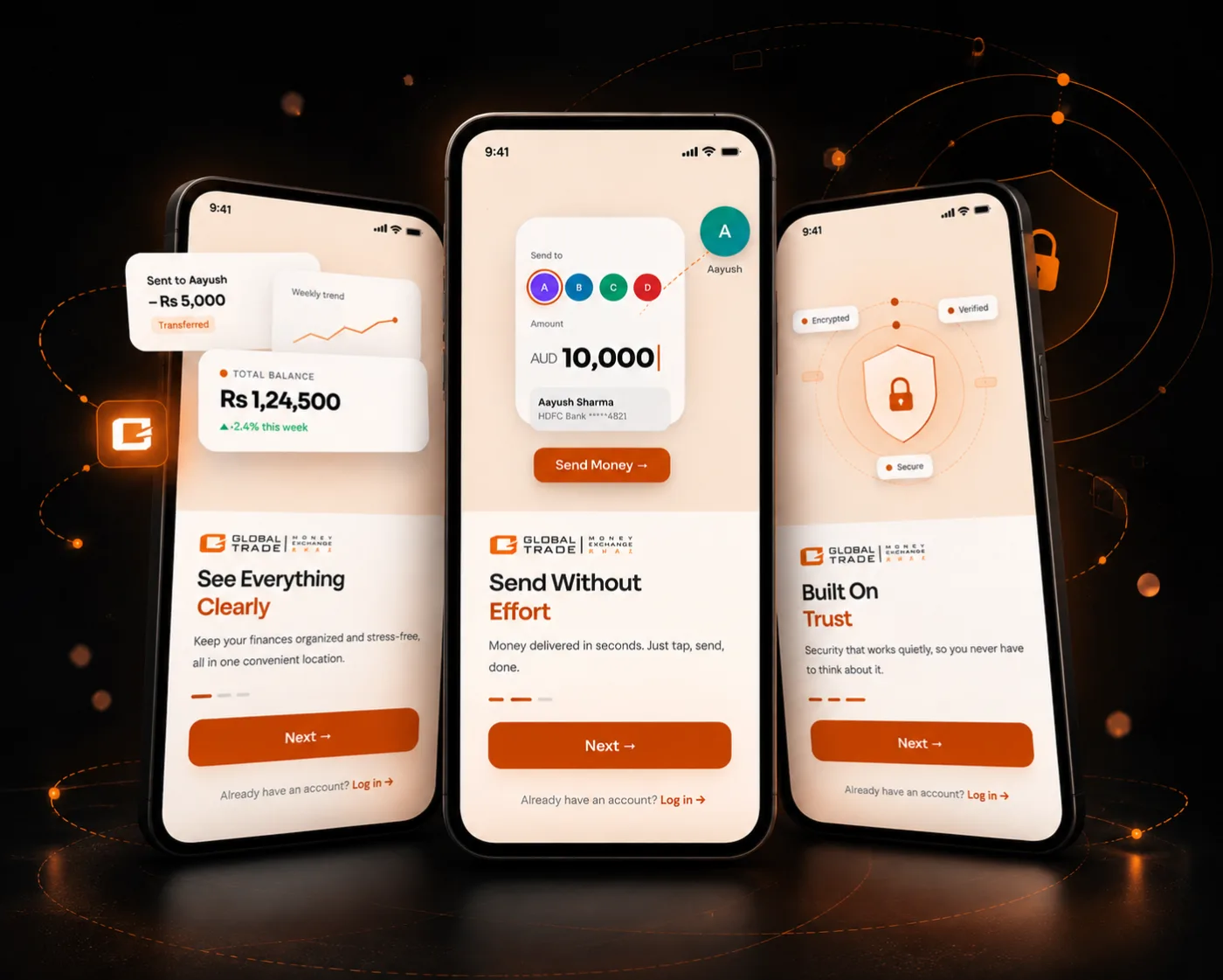 GlobalTrade money transfer app screens
