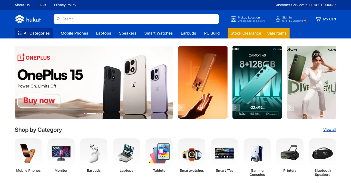 Header with search, category navigation, hero campaign carousel and category shortcut row.
