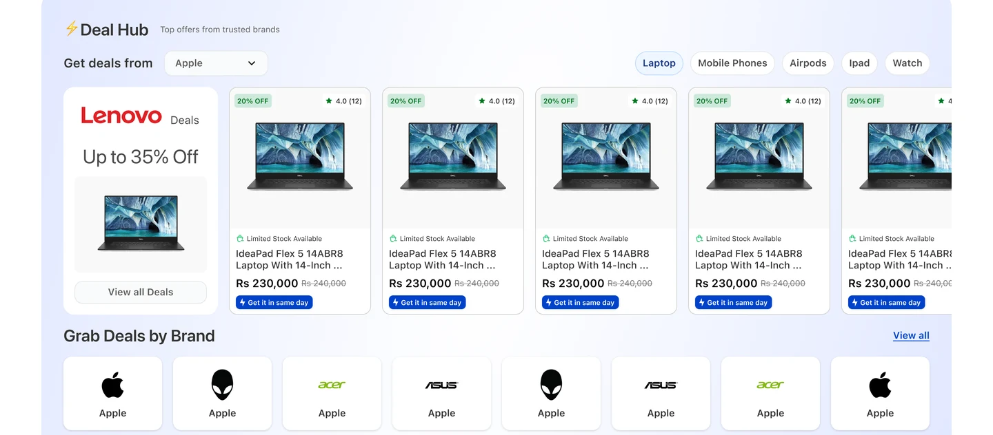 Deal Hub with a brand selector, category pills and a Lenovo promotional panel beside discounted products.