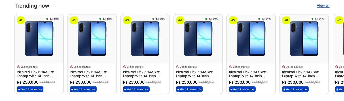 Trending now row with numbered ranking badges on each product card.