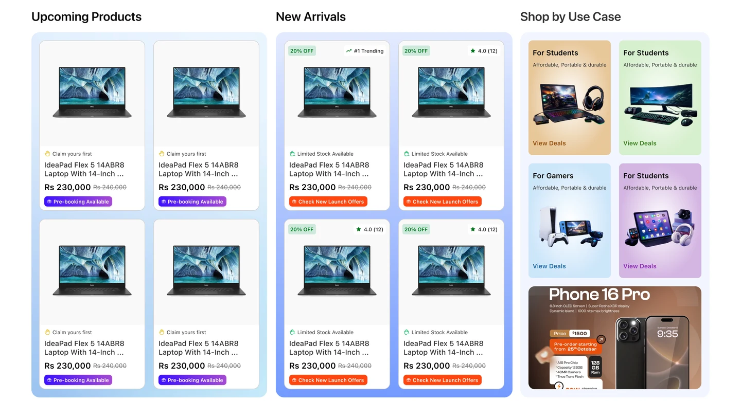 Three columns: Upcoming Products with pre-booking, New Arrivals, and Shop by Use Case tiles for students and gamers.