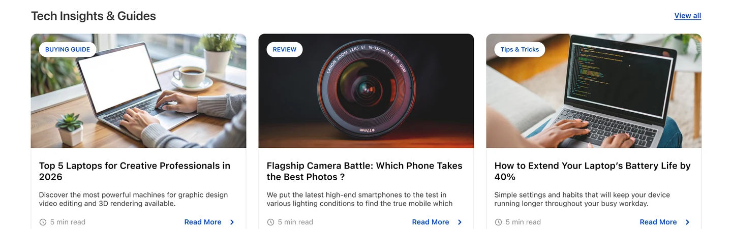 Tech Insights and Guides row with three buying-guide articles and read times.