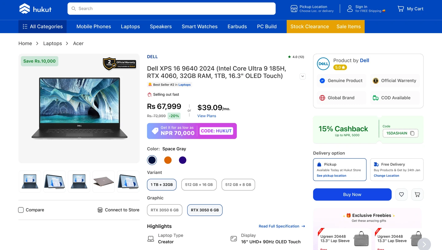 Product page with gallery, price, variants, cashback, delivery options, warranty badges and freebies.