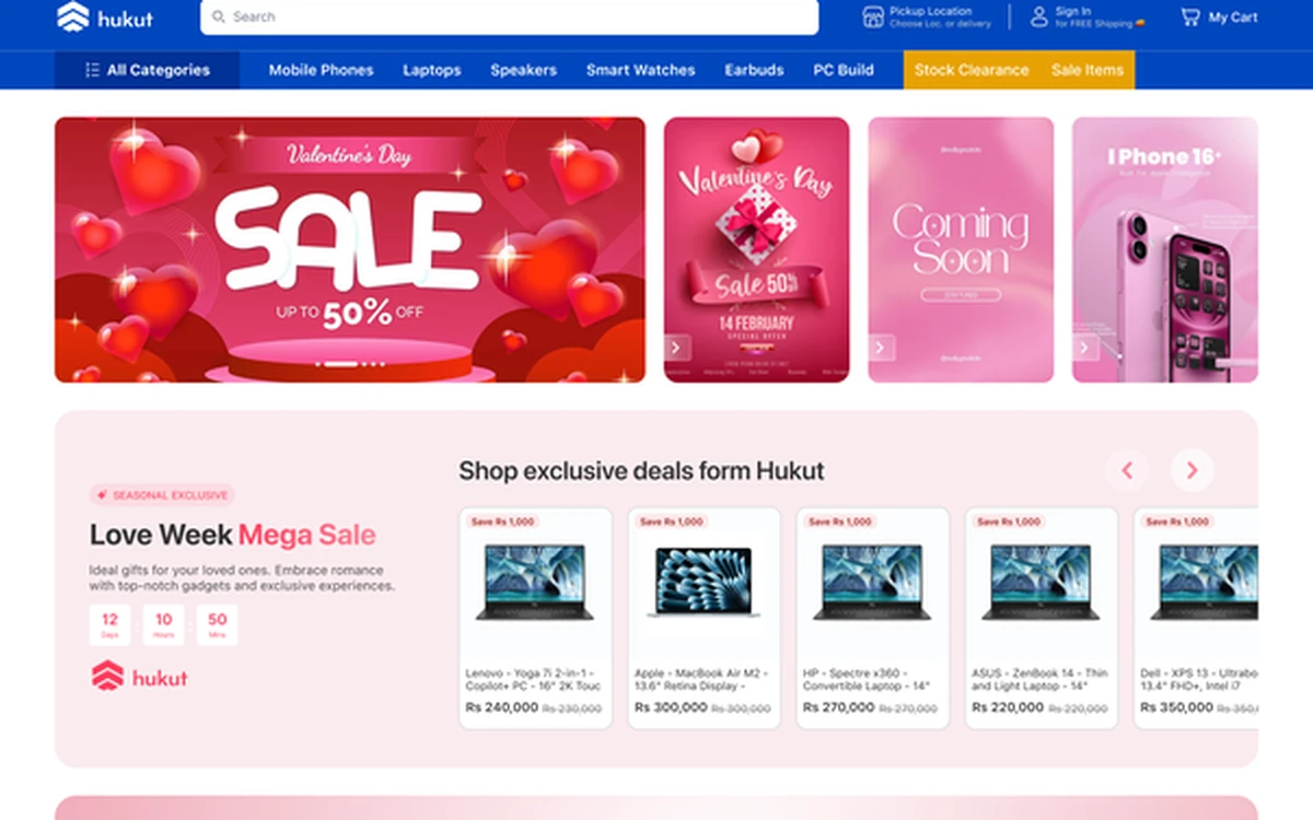 The same homepage restyled for a Valentine's campaign in pink and red.
