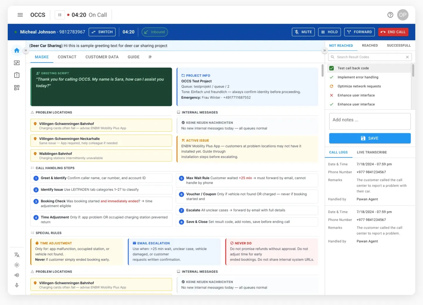 OCCS — the call centre agent desktop during a live call