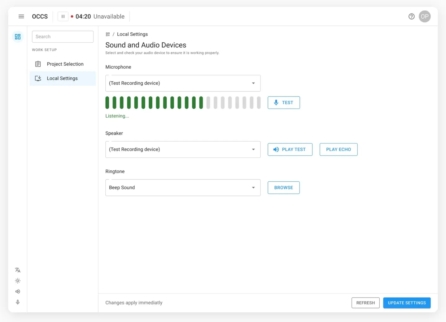 Local audio settings with a live input meter and test buttons.