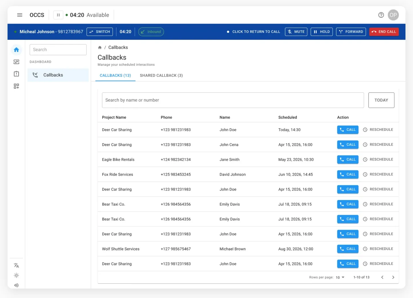 Callbacks open with the blue call bar still locked to the top of the page.