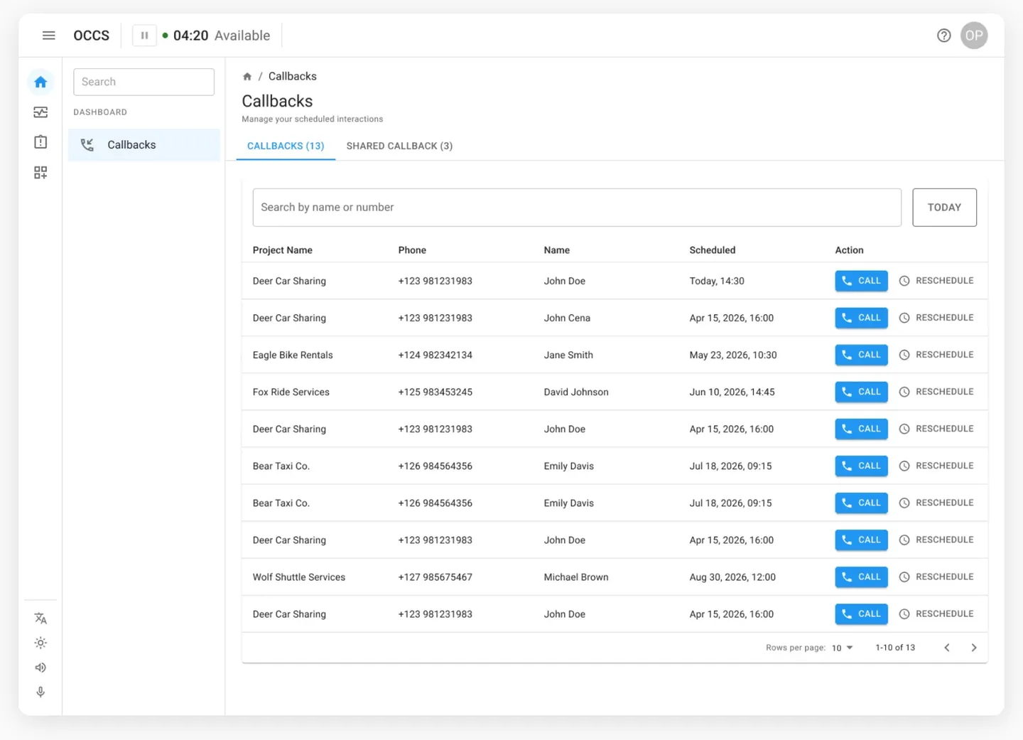 The callbacks dashboard with CALL and RESCHEDULE on every row.