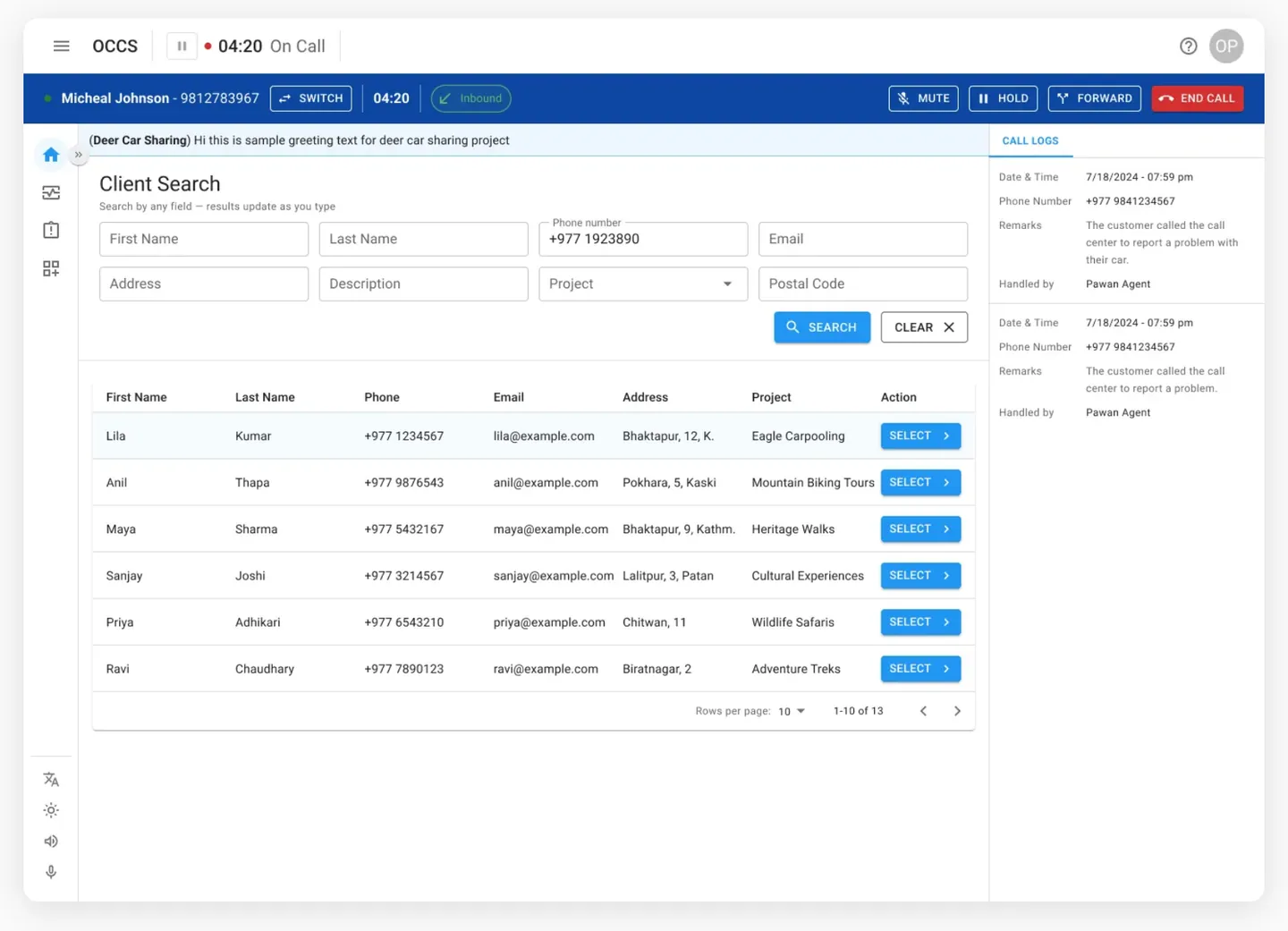 Client Search inside the call screen, with results and Call Logs still visible.
