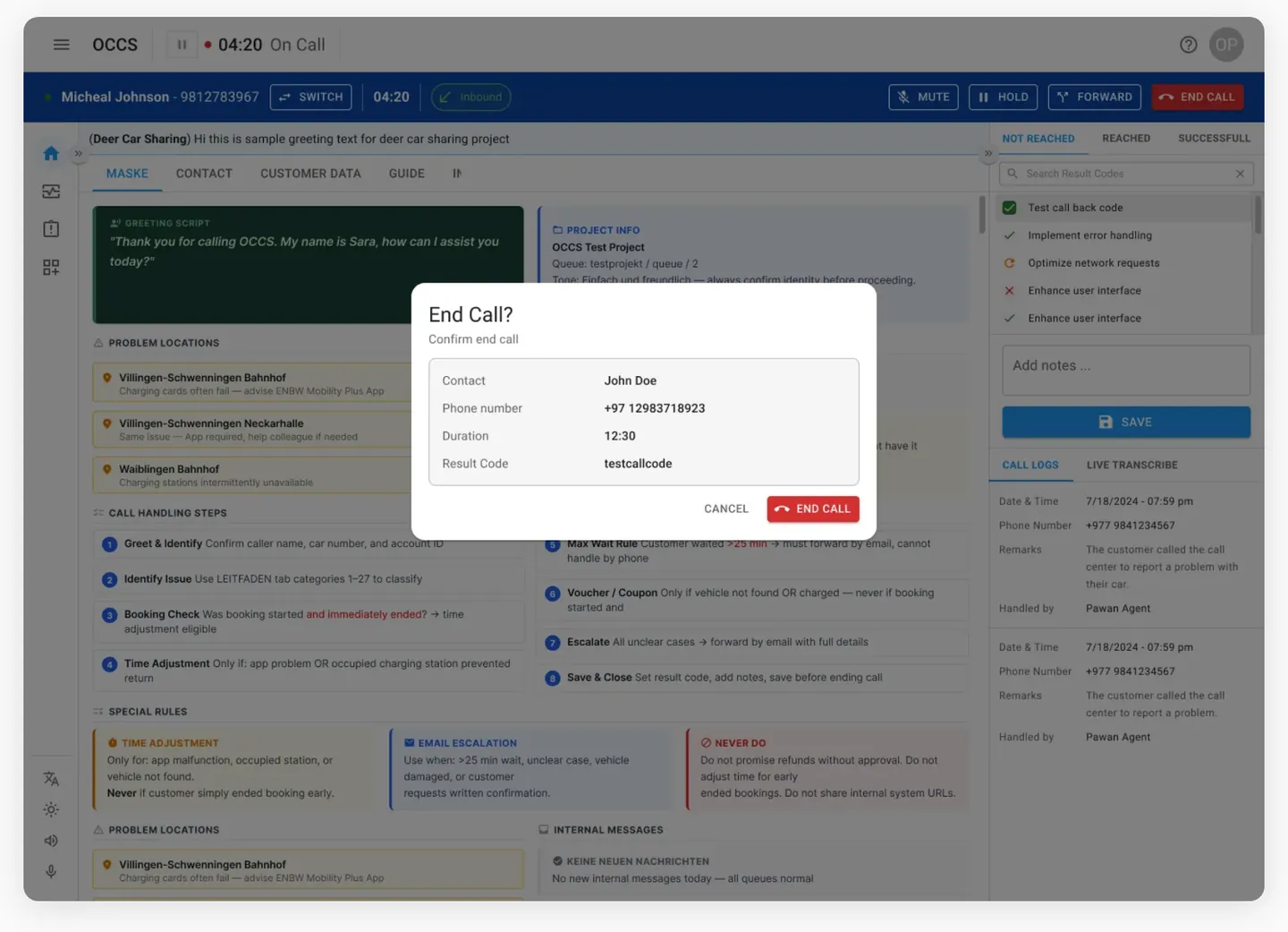 The End Call confirmation modal showing contact, number and result code.