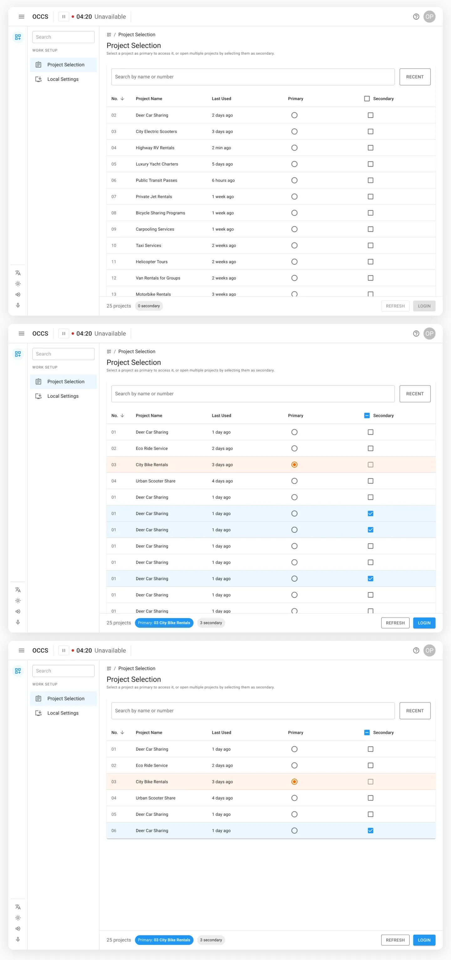 Project selection with a primary highlighted orange and secondaries in blue.