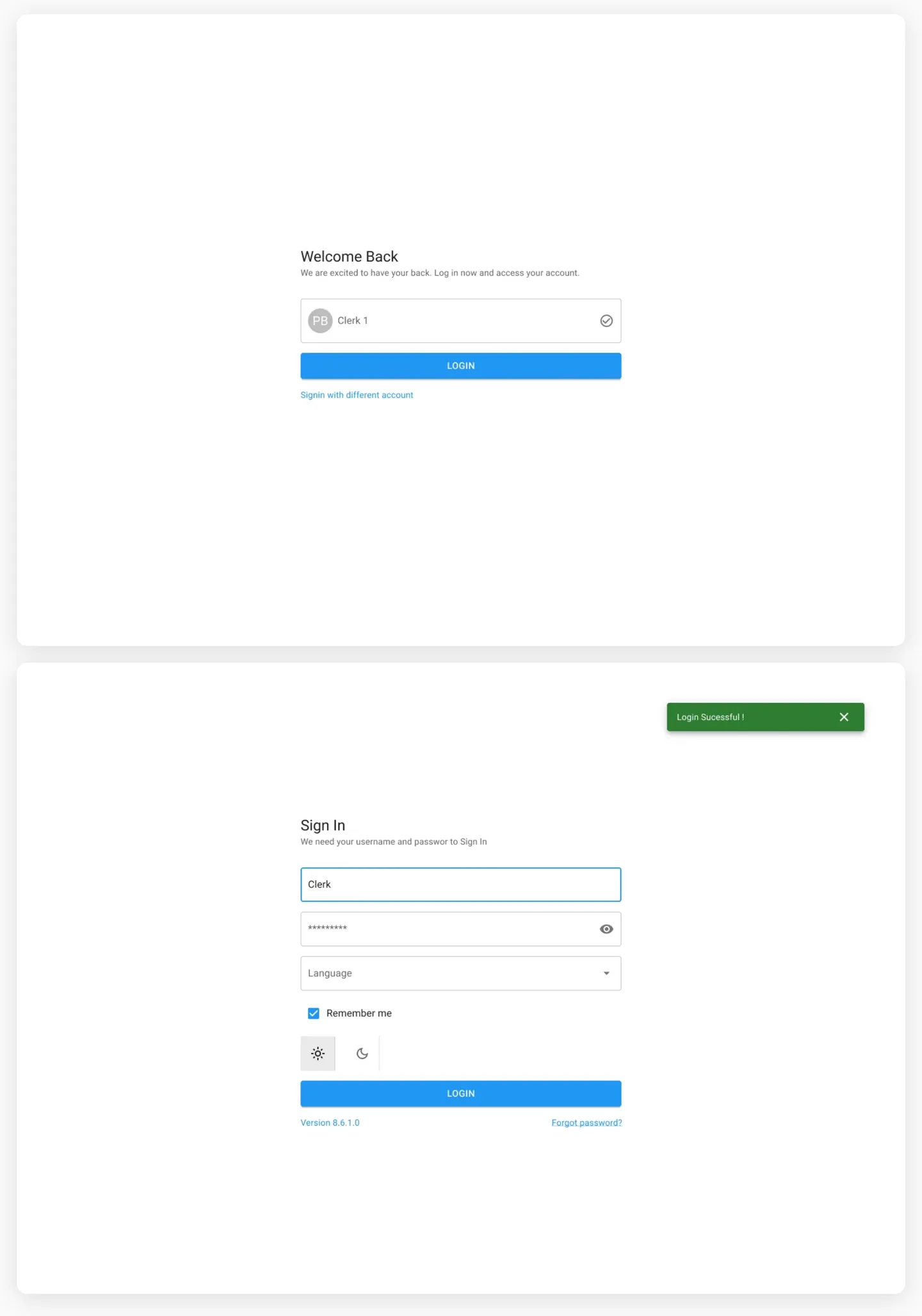 The sign-in and Welcome Back states.