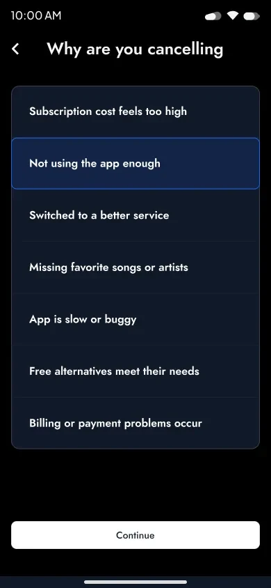 Cancellation screen offering seven reasons before confirming.