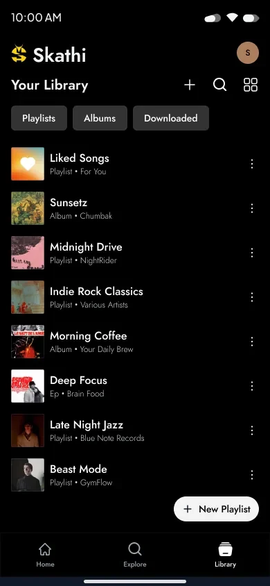Library filtered by playlists, albums and downloads, each item labelled by source.