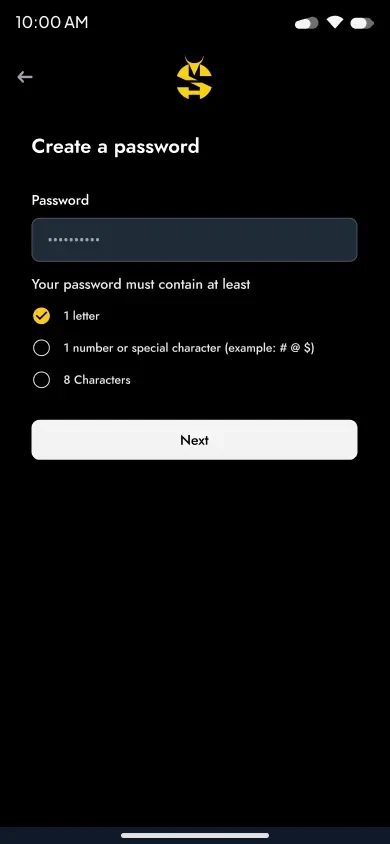 Password screen ticking off three requirements in real time as the user types.