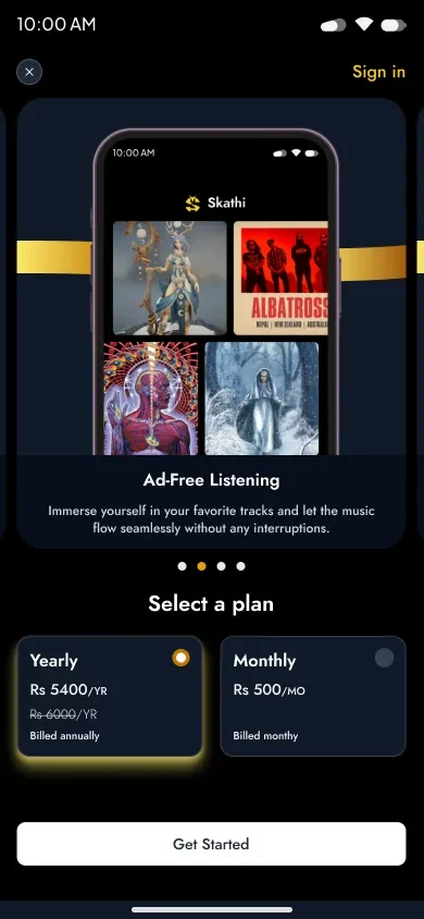 Plan screen with an app preview carousel above yearly and monthly cards.