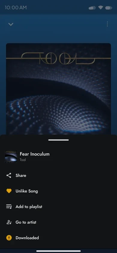 Song actions bottom sheet over the player with share, like, playlist and artist options.