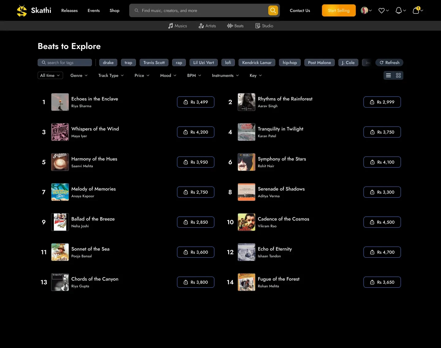 Beats marketplace with a tag row, eight filter dropdowns and a numbered two-column listing priced per track.