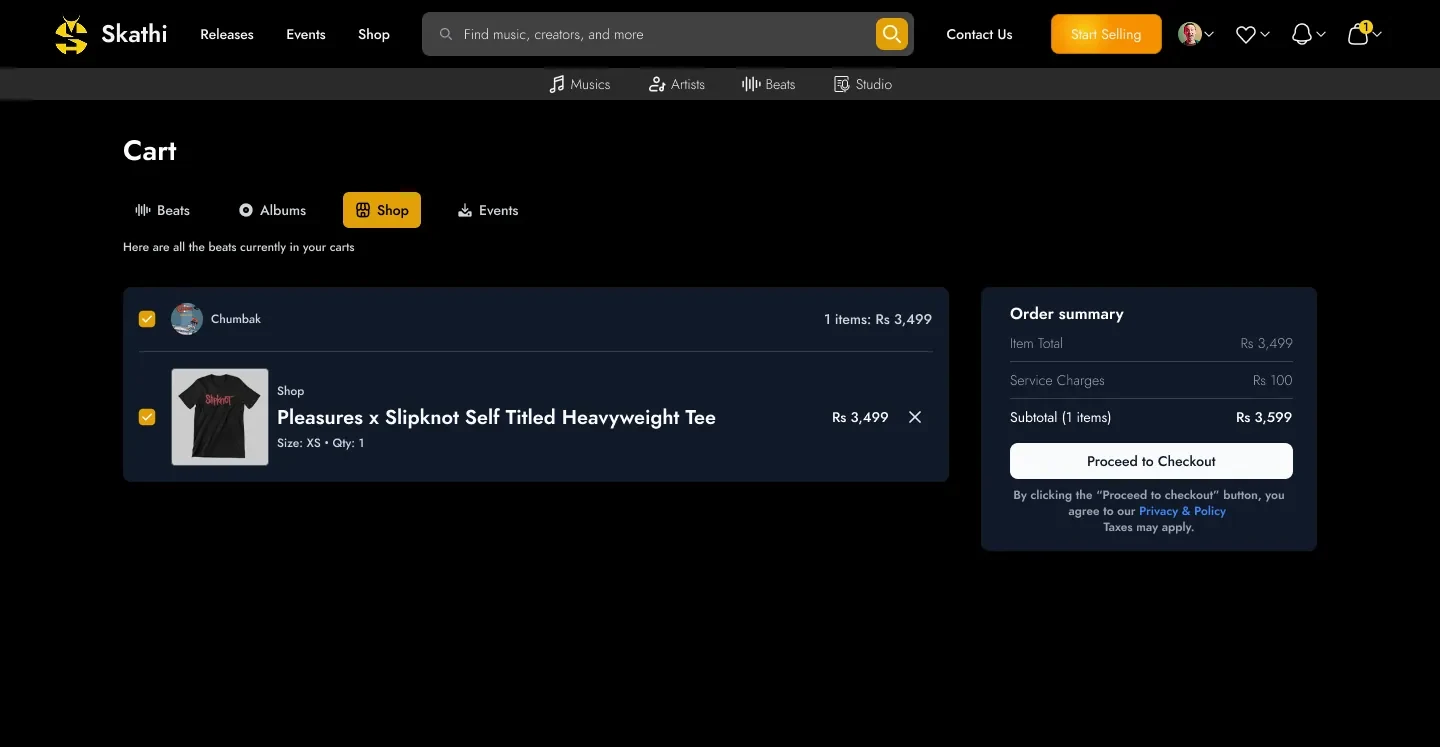 Cart tabbed across beats, albums, shop and events with per-seller grouping and a running order summary.