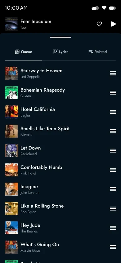 Queue tab over the collapsed player, listing upcoming tracks with drag handles beside Lyrics and Related tabs.