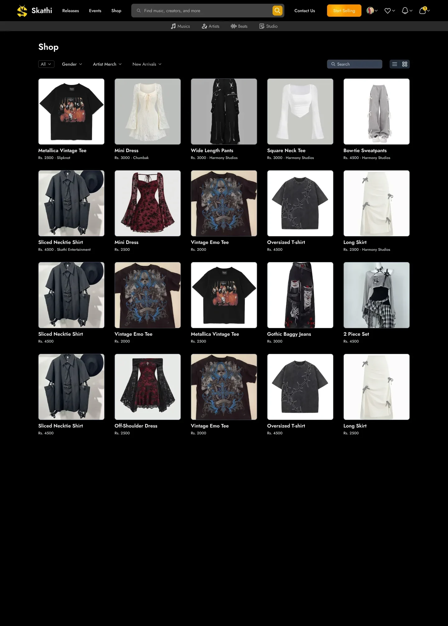 The Skathi merch shop, top to bottom