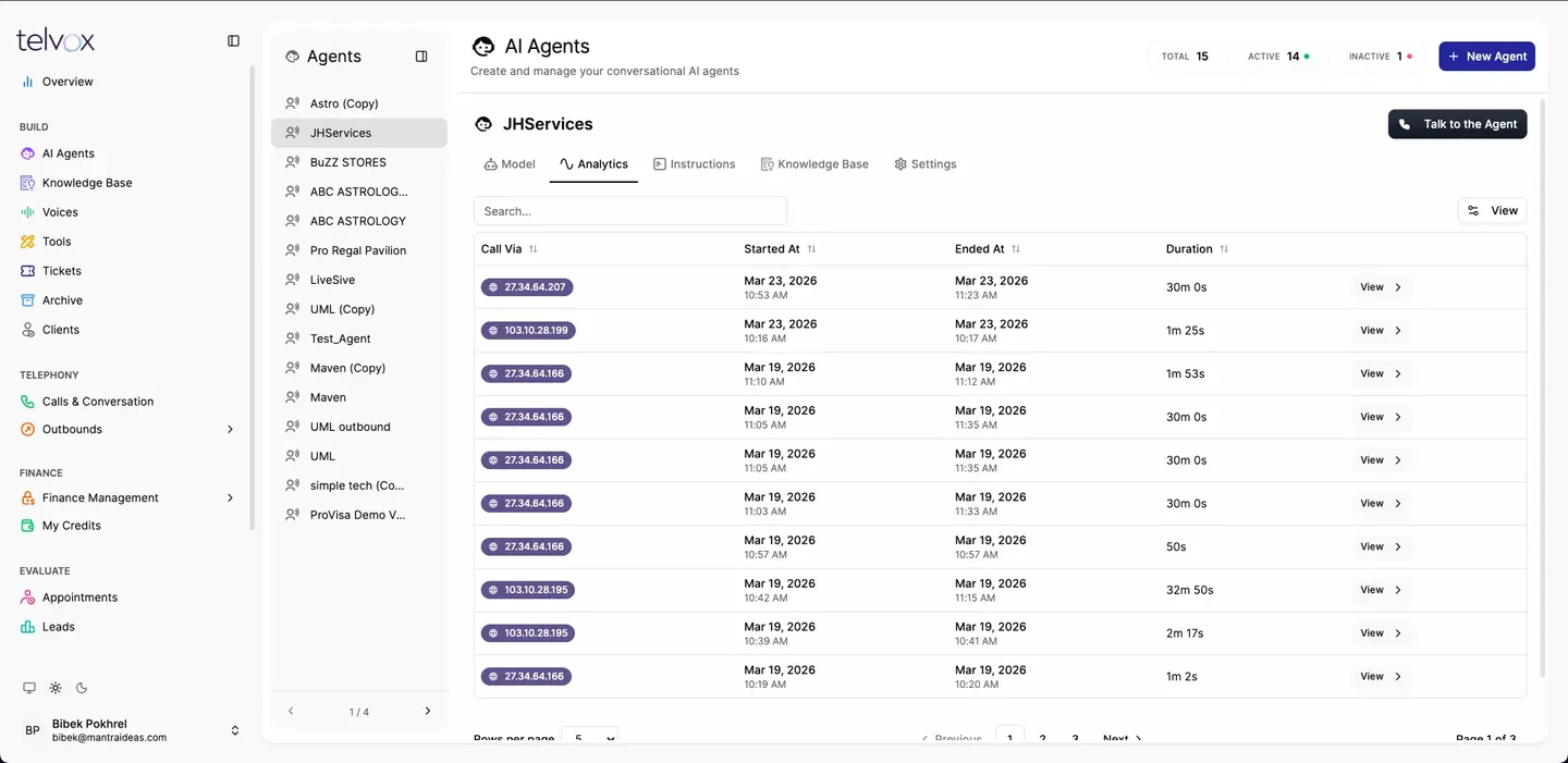 An agent's call log with start, end and duration per call.