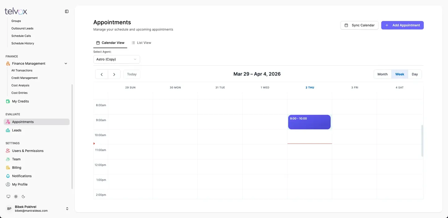 The appointments calendar, synced and bookable from the agent.