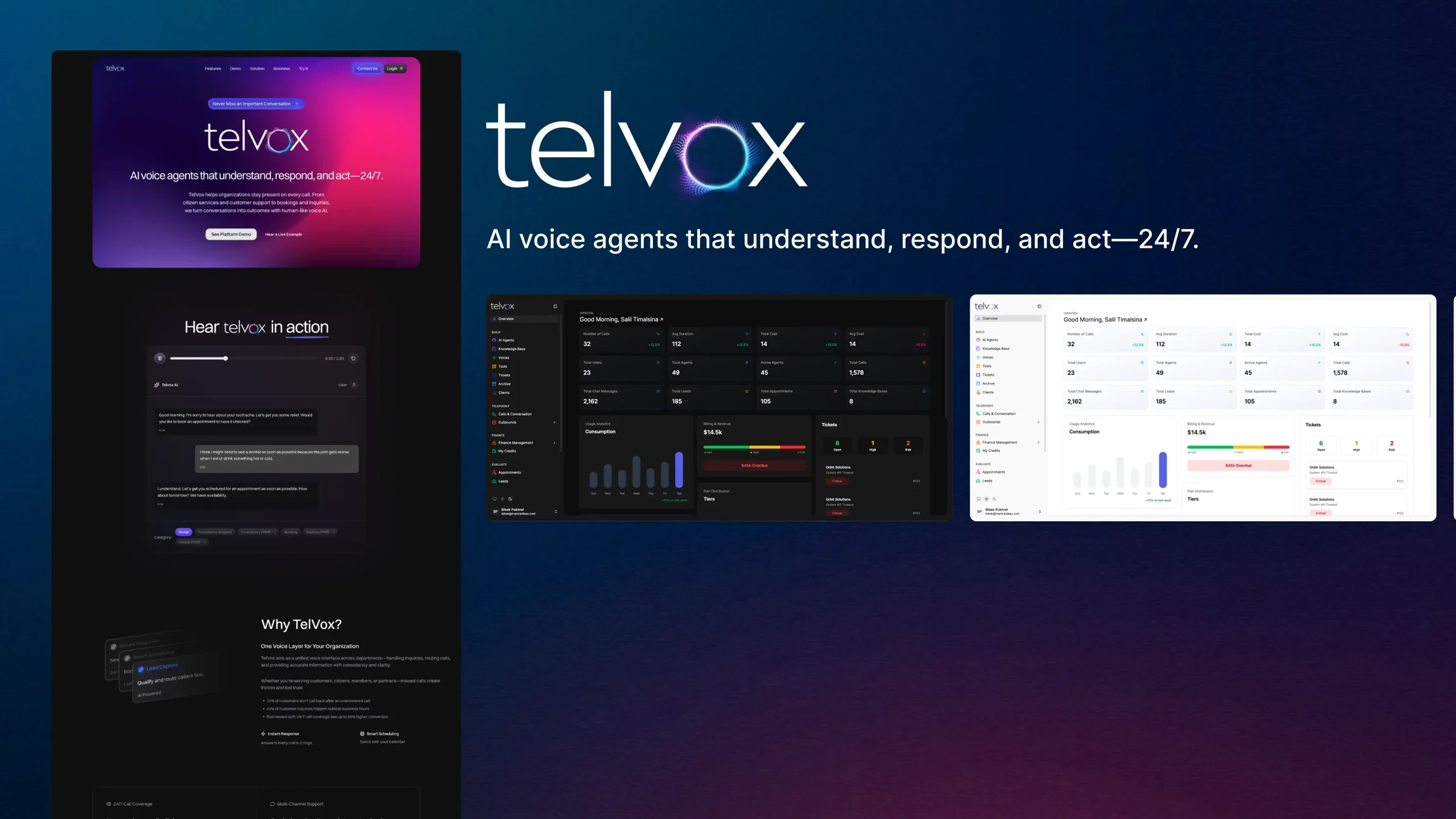Telvox — the landing page, the live-call demo and the platform dashboards