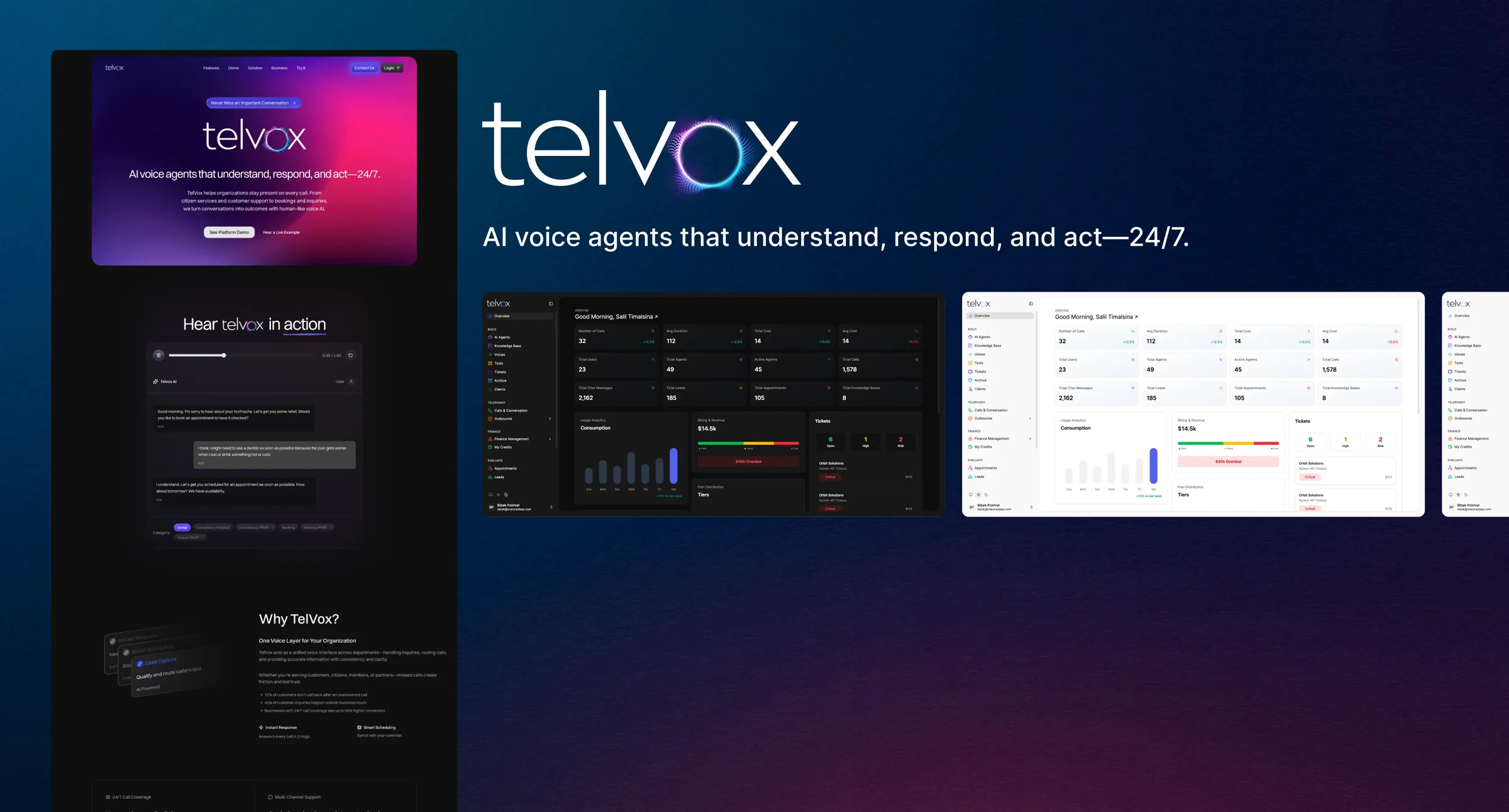 Telvox brand mark over the platform's overview dashboard in dark and light themes.