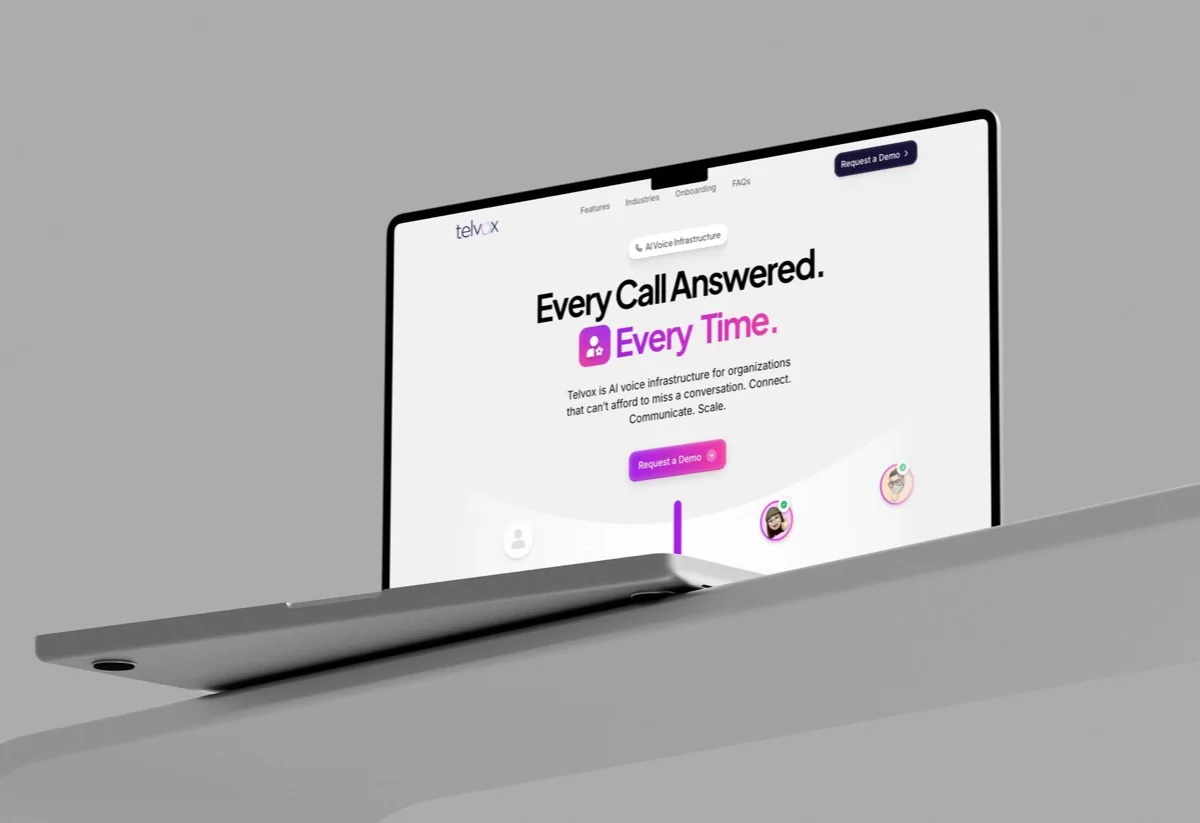 The Telvox landing page on a laptop — “Every Call Answered. Every Time.”
