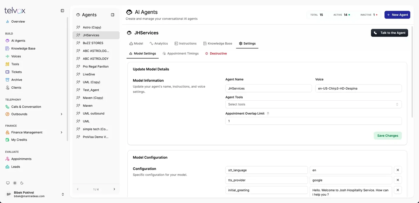 Model configuration for an agent: provider, language, greeting and overlap limit.