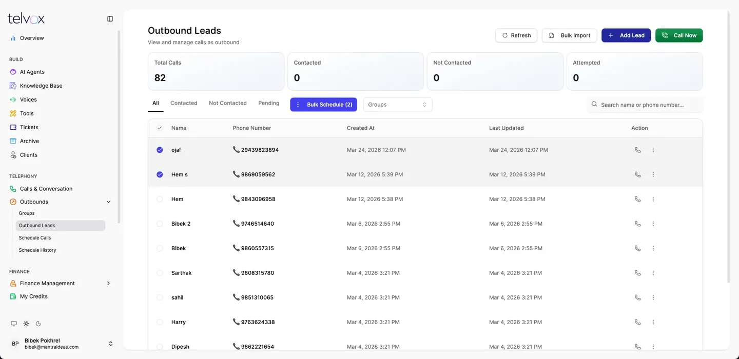Outbound leads with connection state and last-updated per number.
