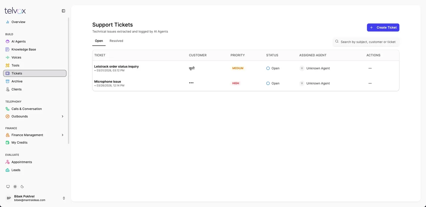 Support tickets raised against the AI agents, with priority and assignee.