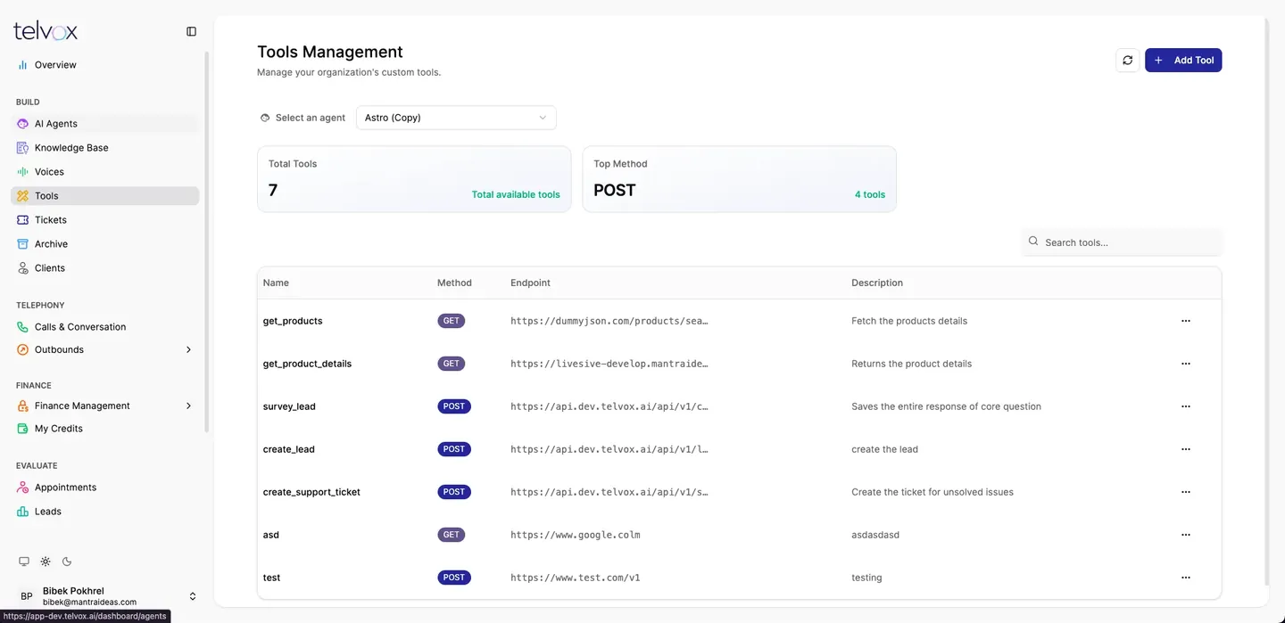 Tools management: each endpoint with its method and what it returns.