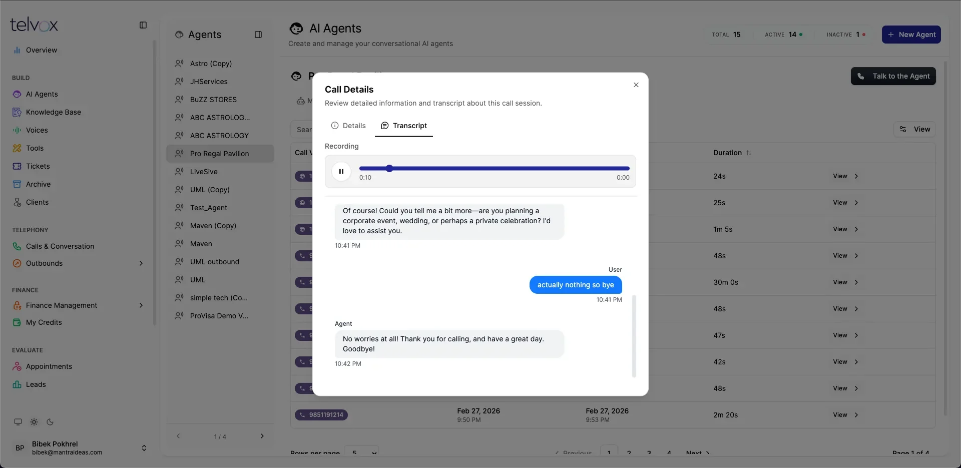 Call Details modal with audio playback and a turn-by-turn transcript.