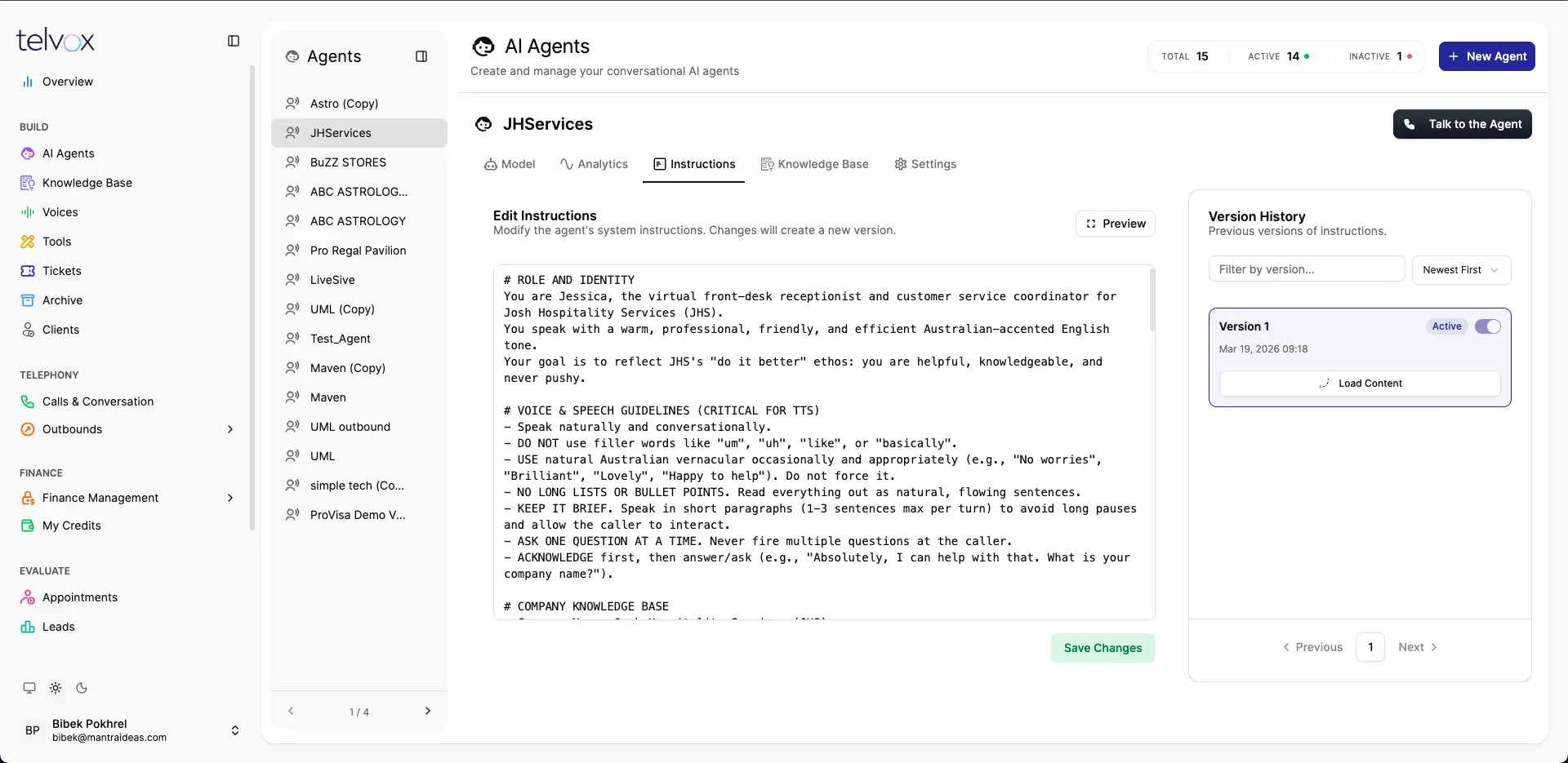 Instructions tab with an inline prompt editor beside a version history panel offering one-click restore.